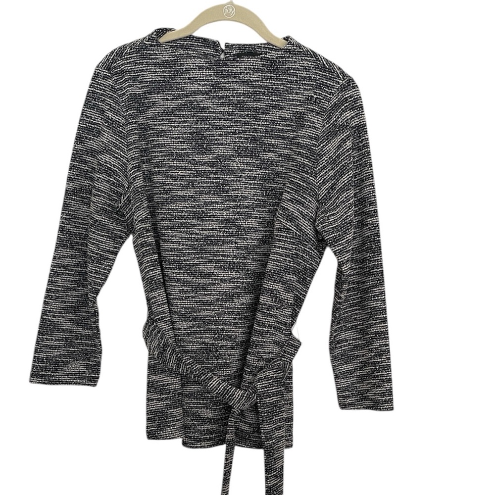 Ann Taylor Black & White Marled Tie-Front Long Sleeve Top